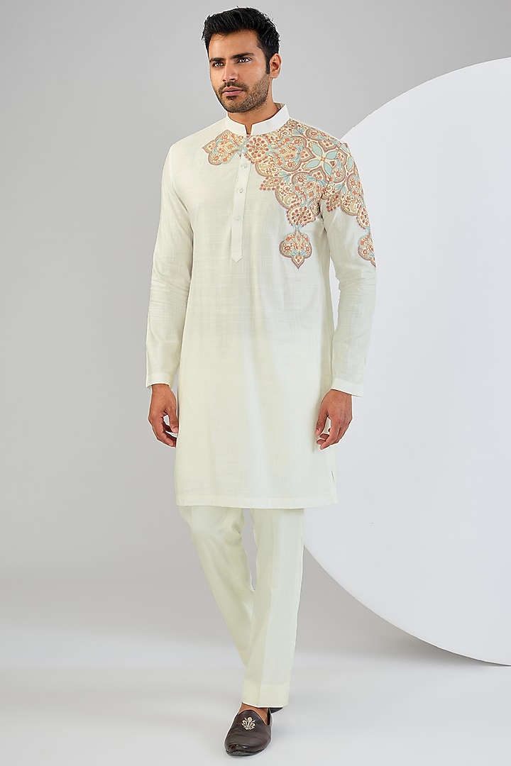 Ivory Cotton Matka Kashmiri Embroidered Kurta Set by Qbik Men