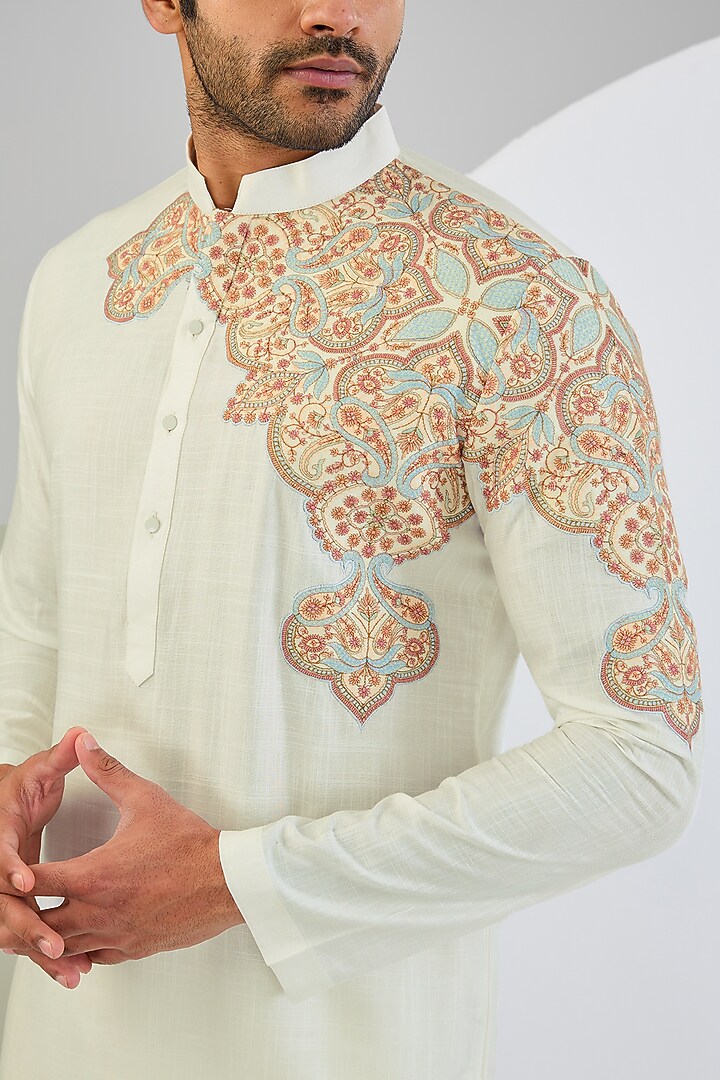 Ivory Cotton Matka Kashmiri Embroidered Kurta Set by Qbik Men at Pernia's Pop Up Shop