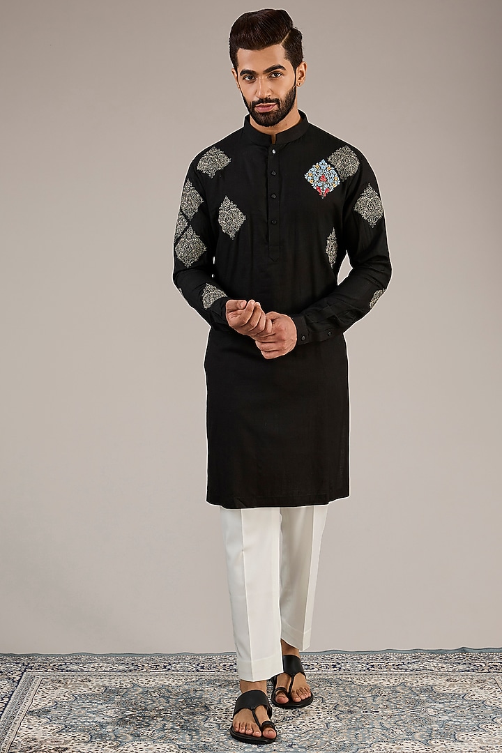 Black Cotton Matka Motif Embroidered Kurta Set by Qbik Men at Pernia's Pop Up Shop