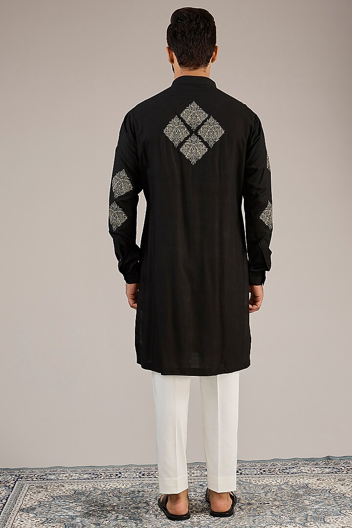Black Cotton Matka Motif Embroidered Kurta Set by Qbik Men at Pernia's Pop Up Shop