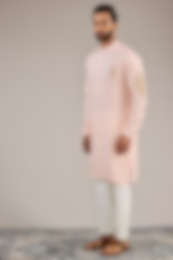 Light Pink Cotton Matka Embroidered Kurta Set by Qbik Men at Pernia's Pop Up Shop