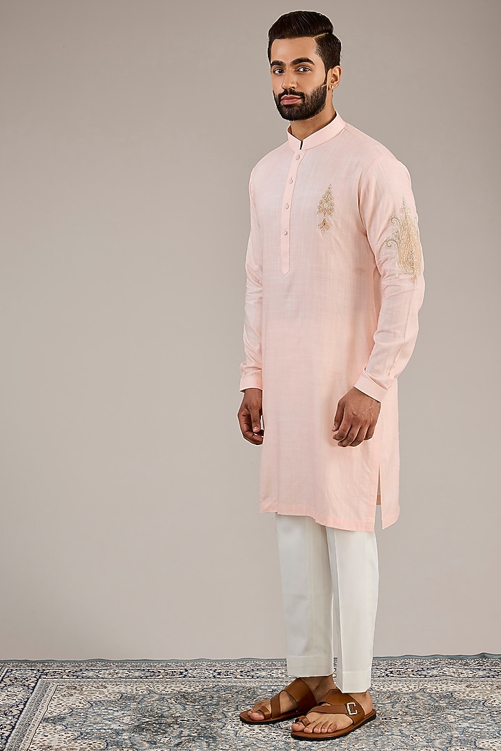 Light Pink Cotton Matka Embroidered Kurta Set by Qbik Men at Pernia's Pop Up Shop