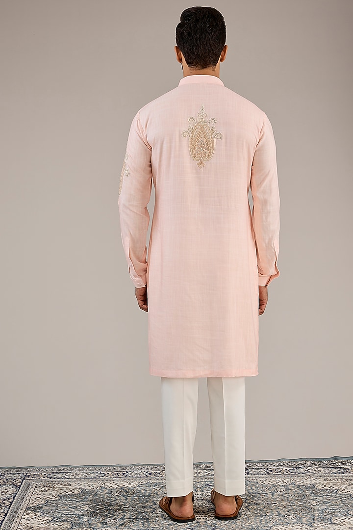 Light Pink Cotton Matka Embroidered Kurta Set by Qbik Men at Pernia's Pop Up Shop