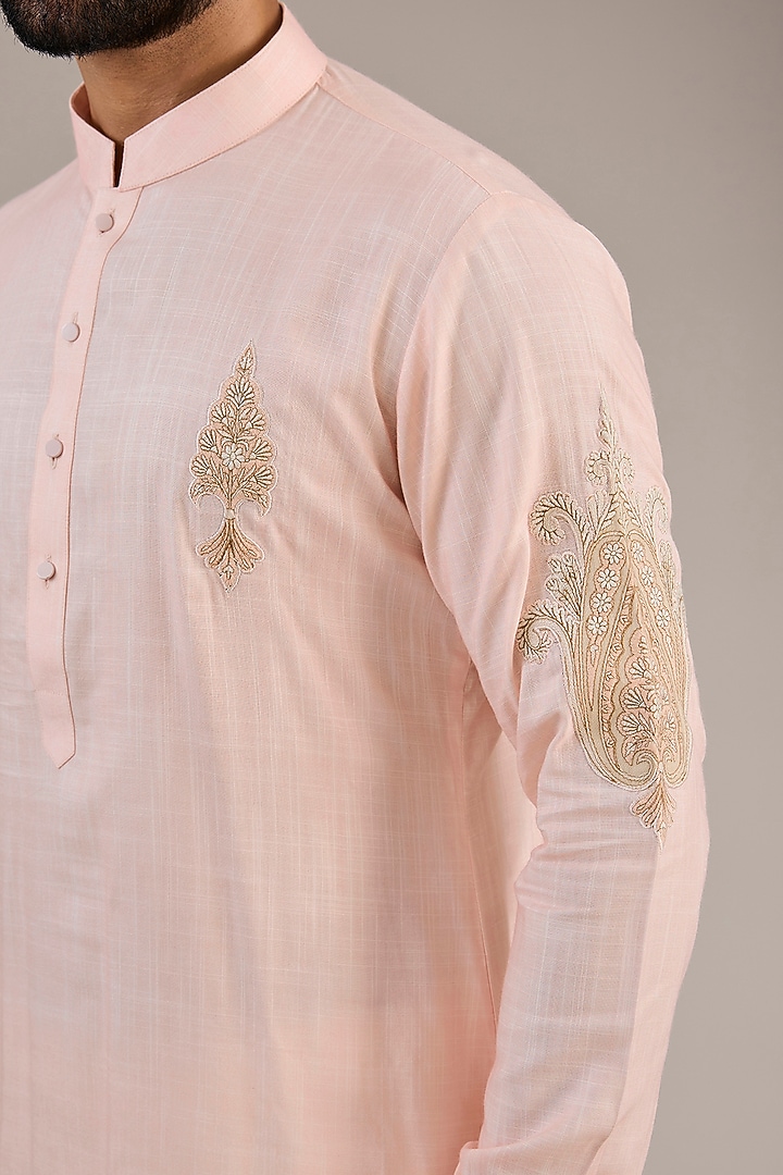 Light Pink Cotton Matka Embroidered Kurta Set by Qbik Men at Pernia's Pop Up Shop