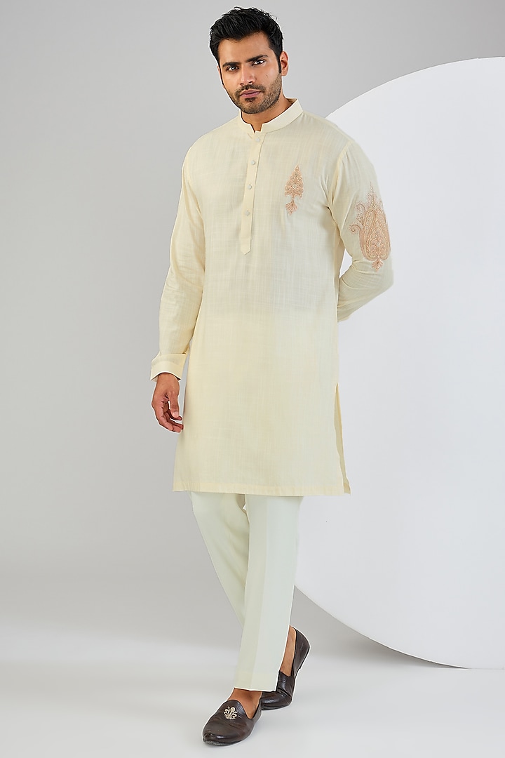 Cream Cotton Matka Kashmiri Embroidered Kurta Set by Qbik Men