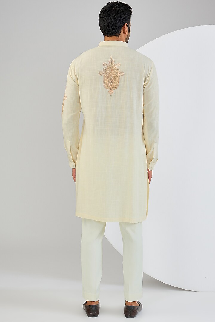 Cream Cotton Matka Kashmiri Embroidered Kurta Set by Qbik Men at Pernia's Pop Up Shop