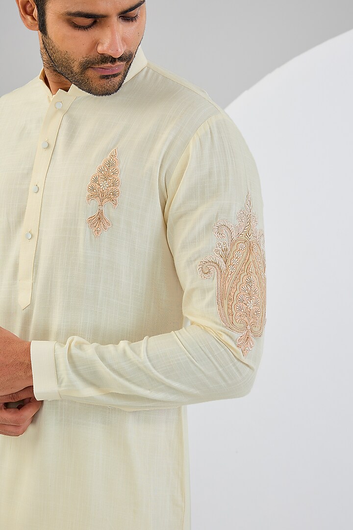 Cream Cotton Matka Kashmiri Embroidered Kurta Set by Qbik Men at Pernia's Pop Up Shop