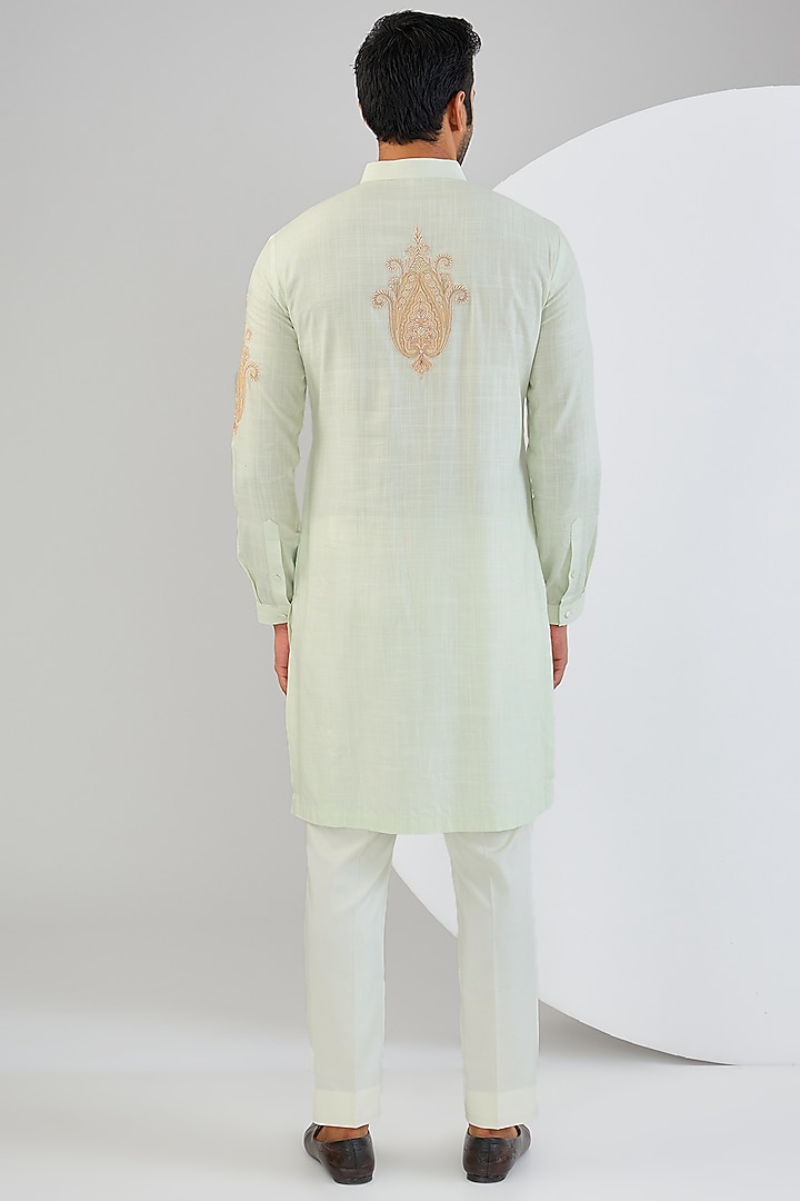 Mint Cotton Matka Kashmiri Embroidered Kurta Set by Qbik Men at Pernia's Pop Up Shop