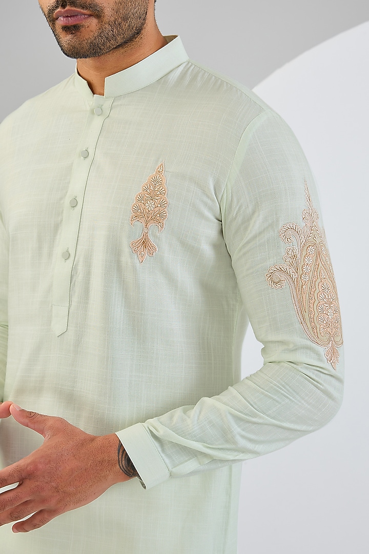 Mint Cotton Matka Kashmiri Embroidered Kurta Set by Qbik Men at Pernia's Pop Up Shop