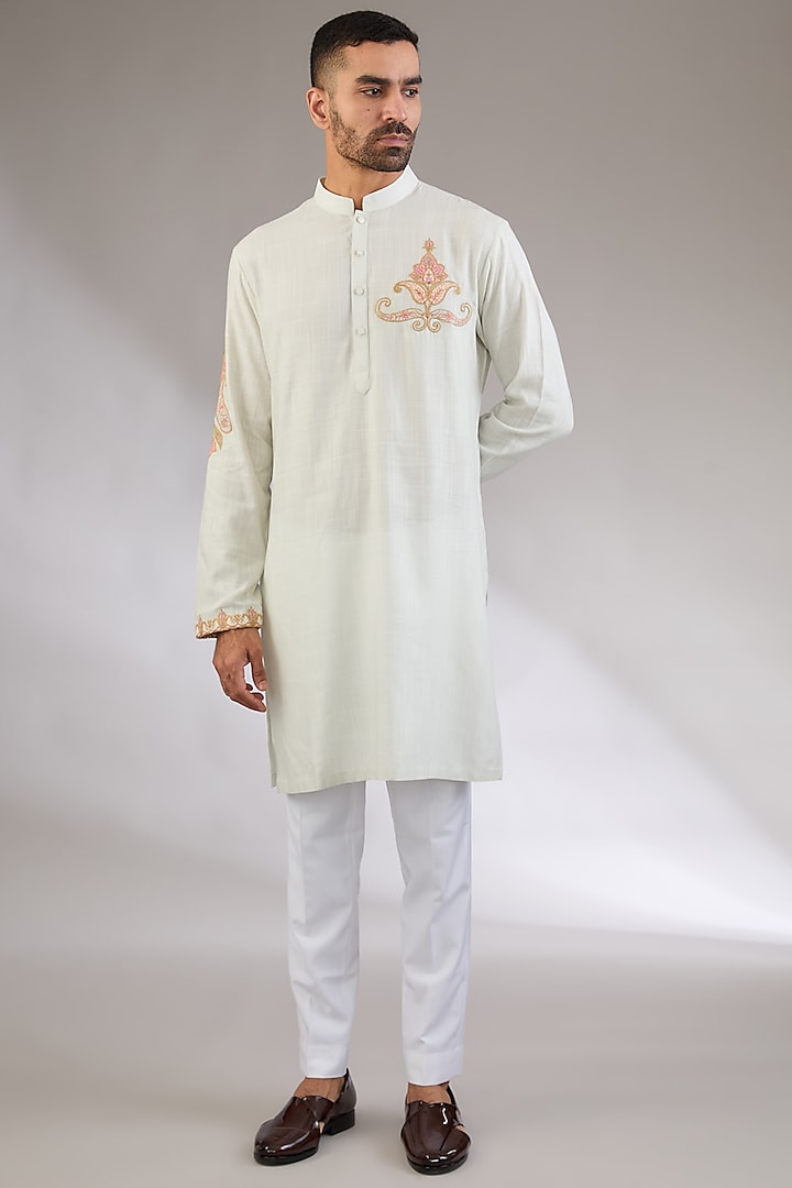 Light Mint Cotton Matka Kashmiri Embroidered Kurta Set by Qbik Men