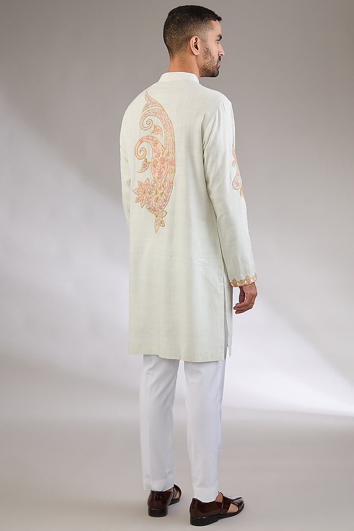 Light Mint Cotton Matka Kashmiri Embroidered Kurta Set by Qbik Men at Pernia's Pop Up Shop