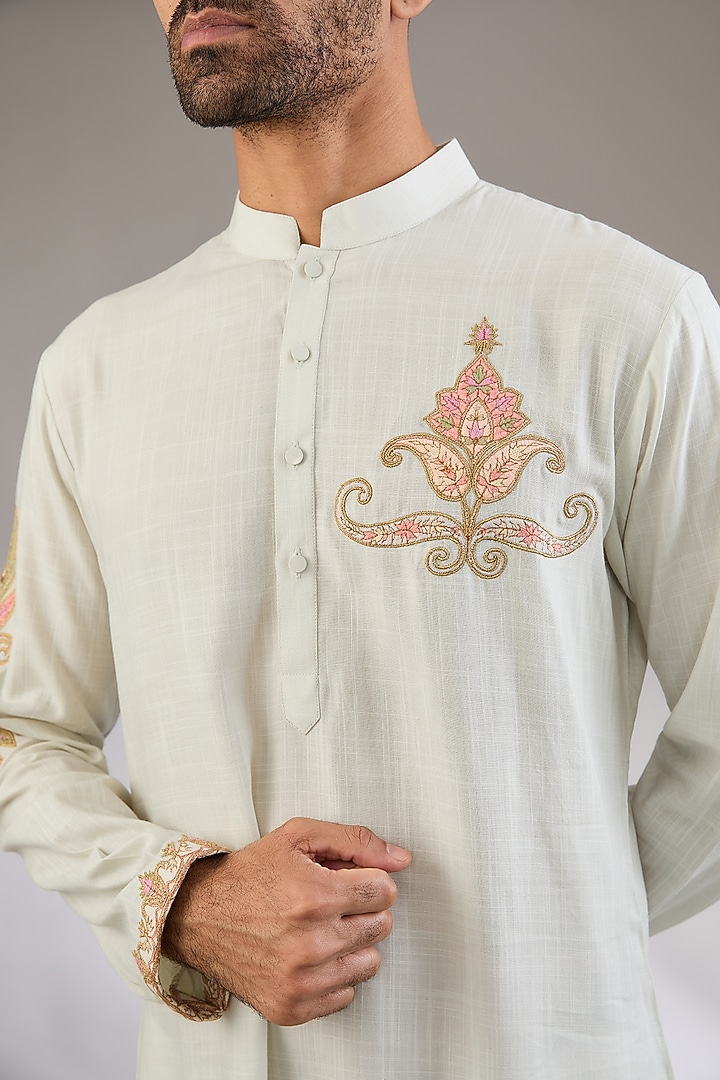Light Mint Cotton Matka Kashmiri Embroidered Kurta Set by Qbik Men at Pernia's Pop Up Shop