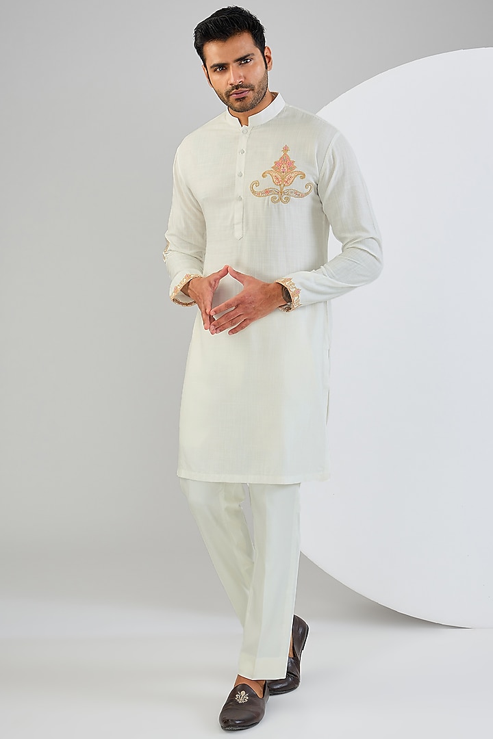 Ivory Cotton Matka Kashmiri Embroidered Kurta Set by Qbik Men