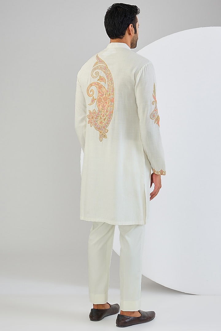 Ivory Cotton Matka Kashmiri Embroidered Kurta Set by Qbik Men at Pernia's Pop Up Shop