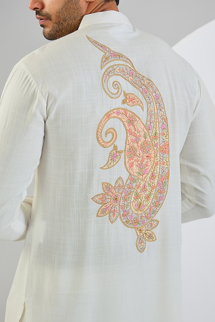Ivory Cotton Matka Kashmiri Embroidered Kurta Set by Qbik Men at Pernia's Pop Up Shop