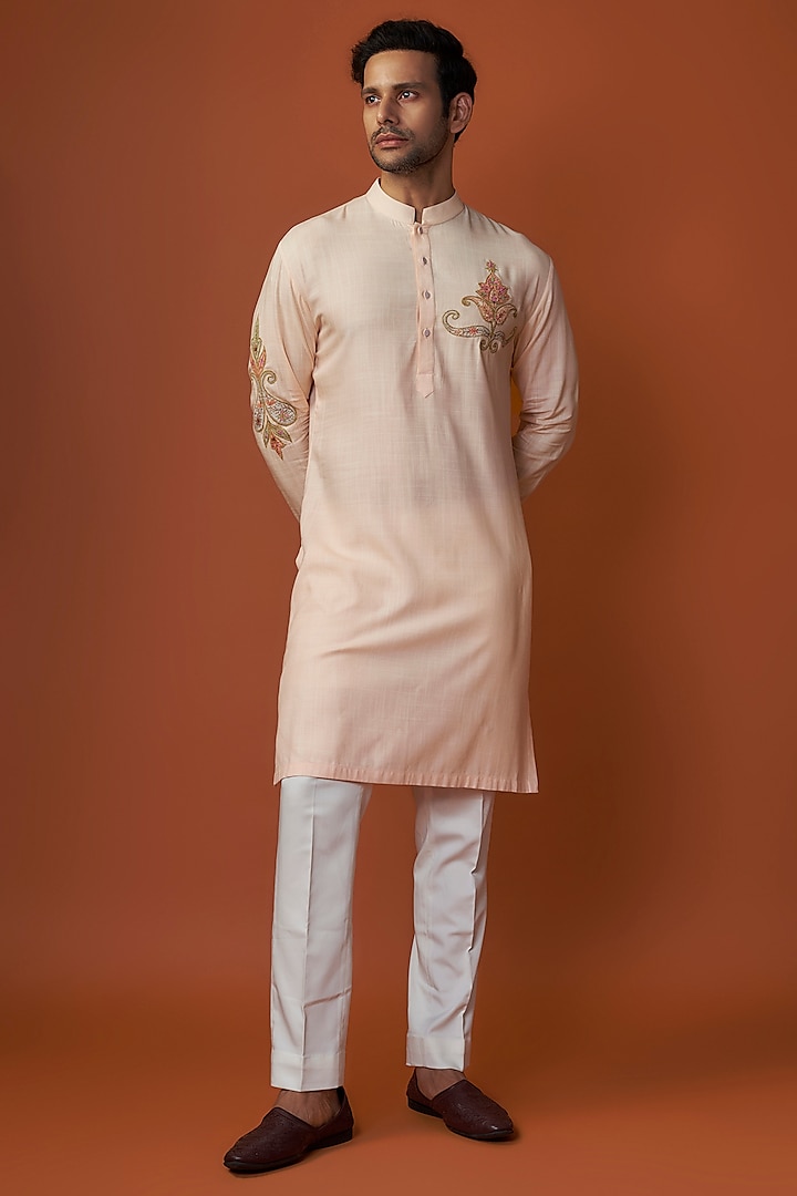 Pink Cotton Matka Kashmiri Embroidered Kurta Set by Qbik Men at Pernia's Pop Up Shop