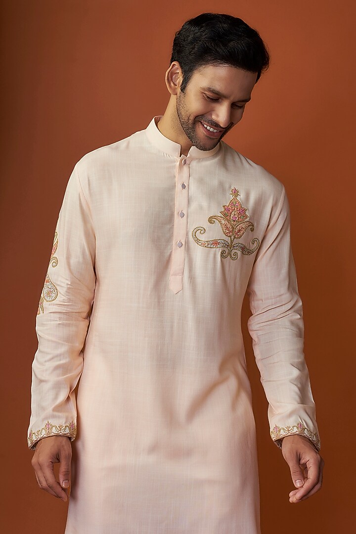 Pink Cotton Matka Kashmiri Embroidered Kurta Set by Qbik Men at Pernia's Pop Up Shop