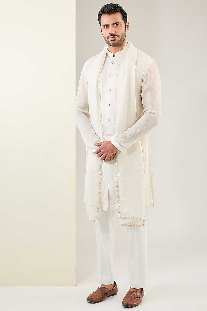 Ivory Georgette Striped Kurta Set by Qbik Men