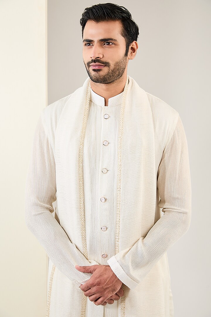 Ivory Georgette Striped Kurta Set by Qbik Men at Pernia's Pop Up Shop