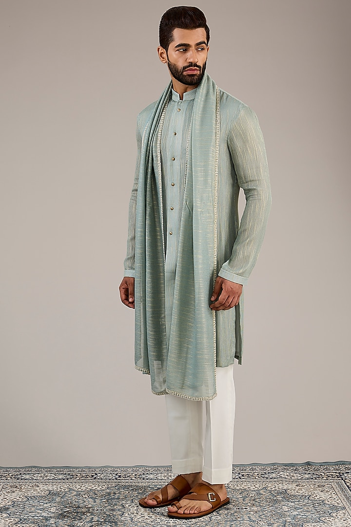 Mint Georgette Stripe Printed Kurta Set by Qbik Men