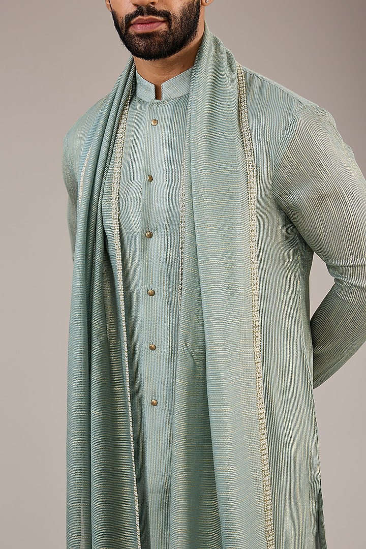Mint Georgette Stripe Printed Kurta Set by Qbik Men at Pernia's Pop Up Shop