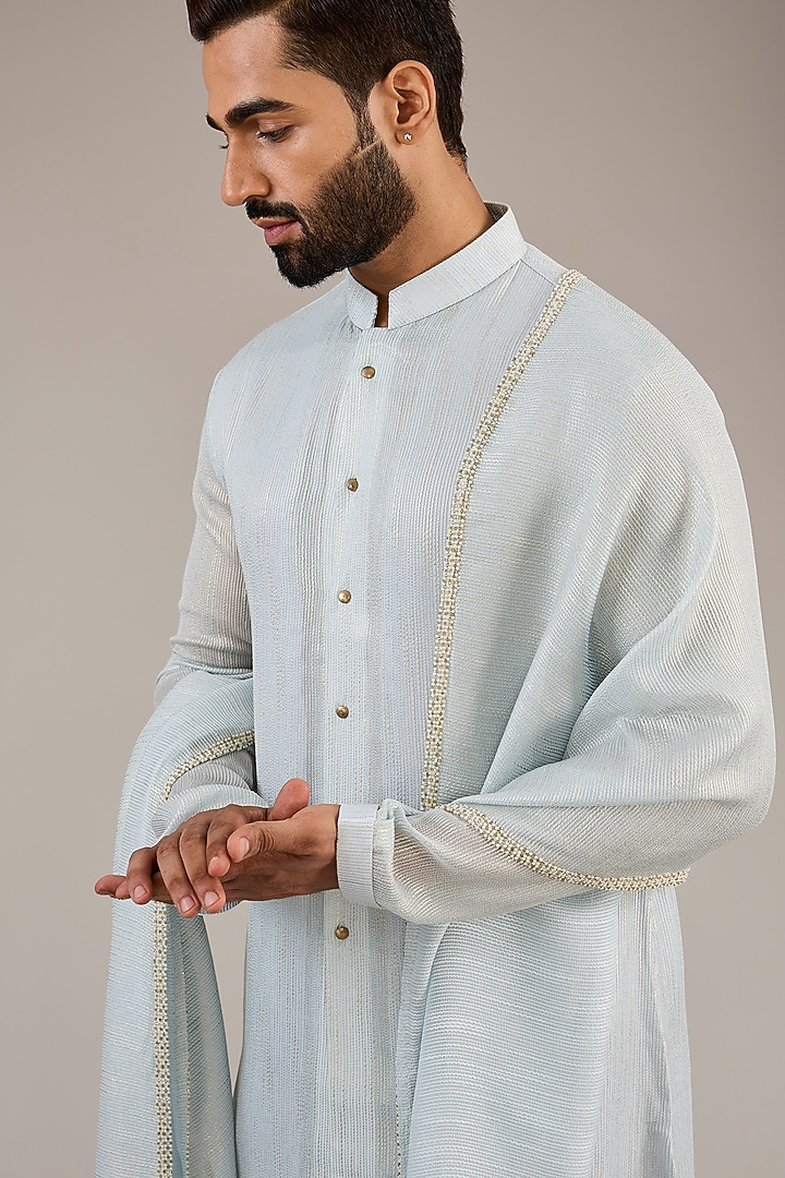 Powder Blue Georgette Stripe Printed Kurta Set by Qbik Men at Pernia's Pop Up Shop