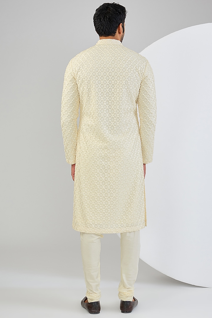 Cream Silk Thread Embroidered Kurta Set by Qbik Men at Pernia's Pop Up Shop