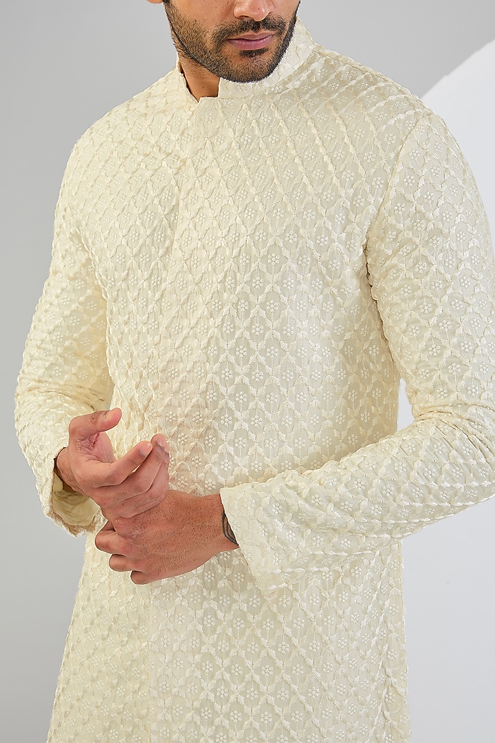 Cream Silk Thread Embroidered Kurta Set by Qbik Men at Pernia's Pop Up Shop