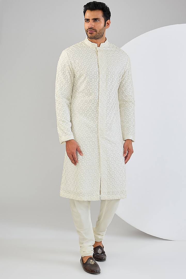 Ivory Silk Thread Embroidered Kurta Set by Qbik Men