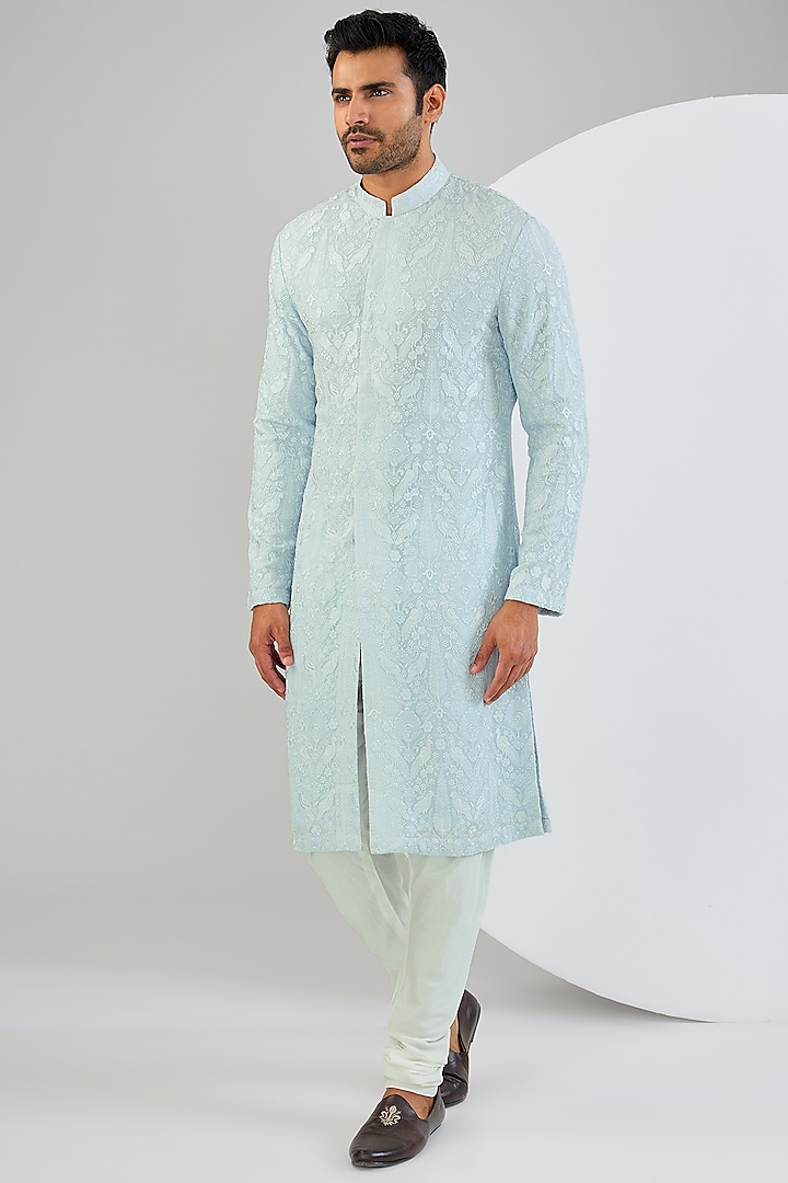 Powder Blue Georgette Thread Embroidered Kurta Set by Qbik Men