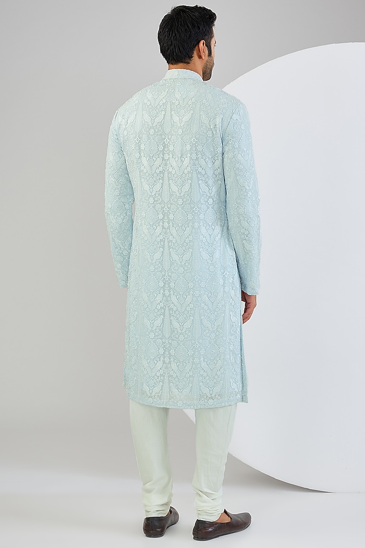 Powder Blue Georgette Thread Embroidered Kurta Set by Qbik Men at Pernia's Pop Up Shop