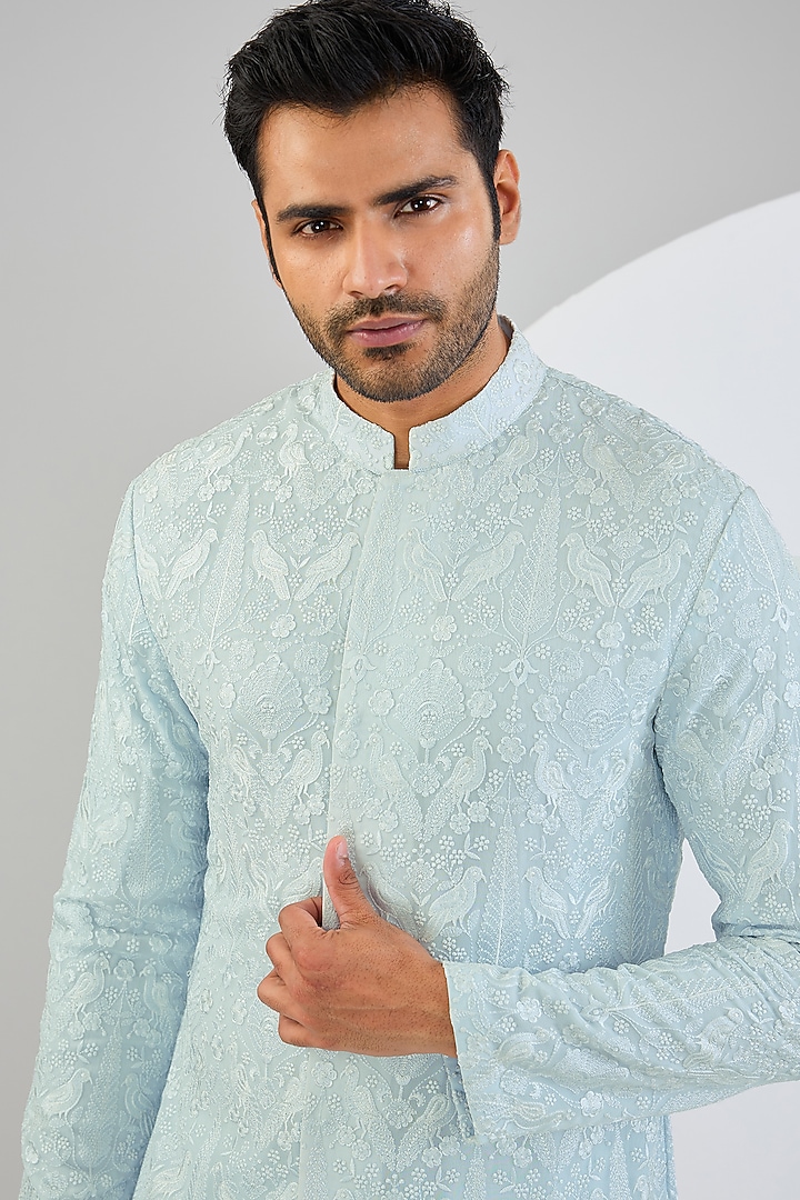 Powder Blue Georgette Thread Embroidered Kurta Set by Qbik Men at Pernia's Pop Up Shop
