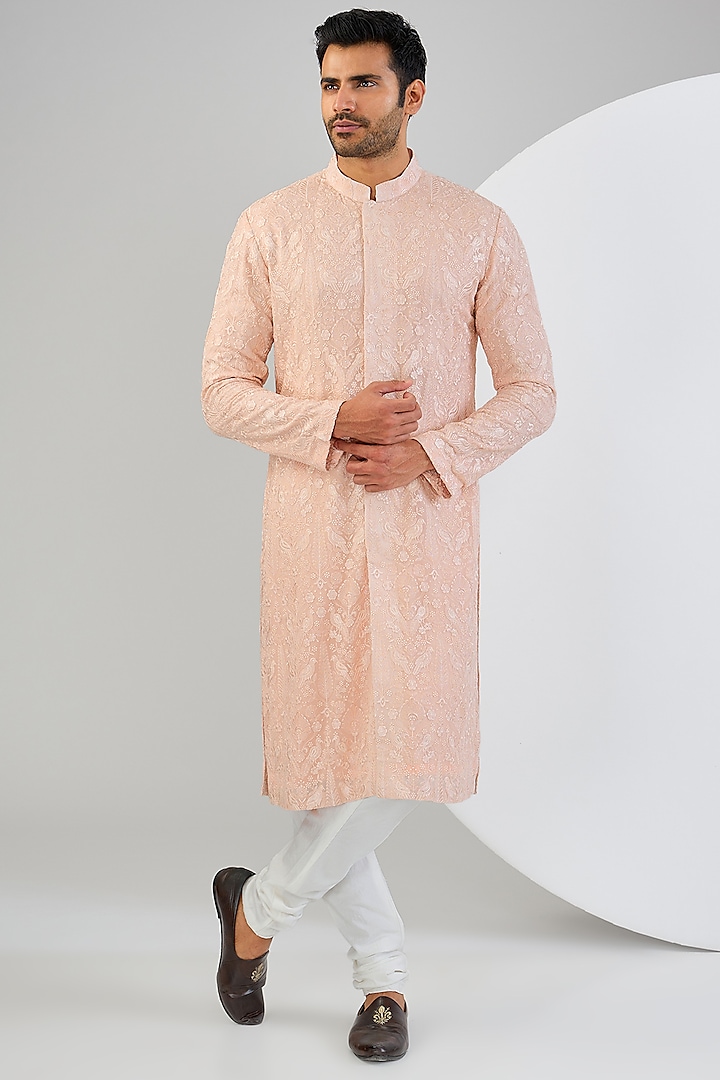 Light Pink Georgette Thread Embroidered Kurta Set by Qbik Men