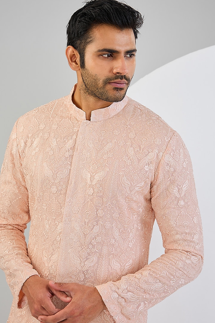 Light Pink Georgette Thread Embroidered Kurta Set by Qbik Men at Pernia's Pop Up Shop