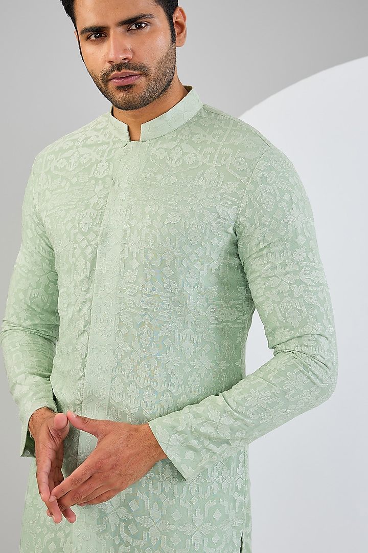 Light Mint Chanderi Silk Kurta Set by Qbik Men at Pernia's Pop Up Shop
