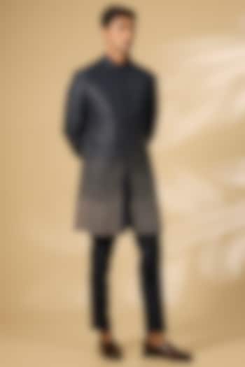 Navy Blue Viscose Suiting Embroidered Groom Indowestern Set by Qbik Men at Pernia's Pop Up Shop