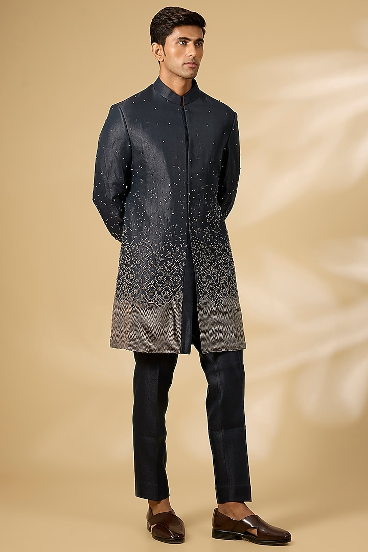 Navy Blue Viscose Suiting Embroidered Groom Indowestern Set by Qbik Men at Pernia's Pop Up Shop