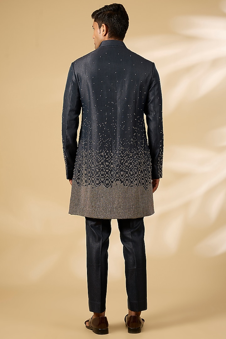 Navy Blue Viscose Suiting Embroidered Groom Indowestern Set by Qbik Men at Pernia's Pop Up Shop