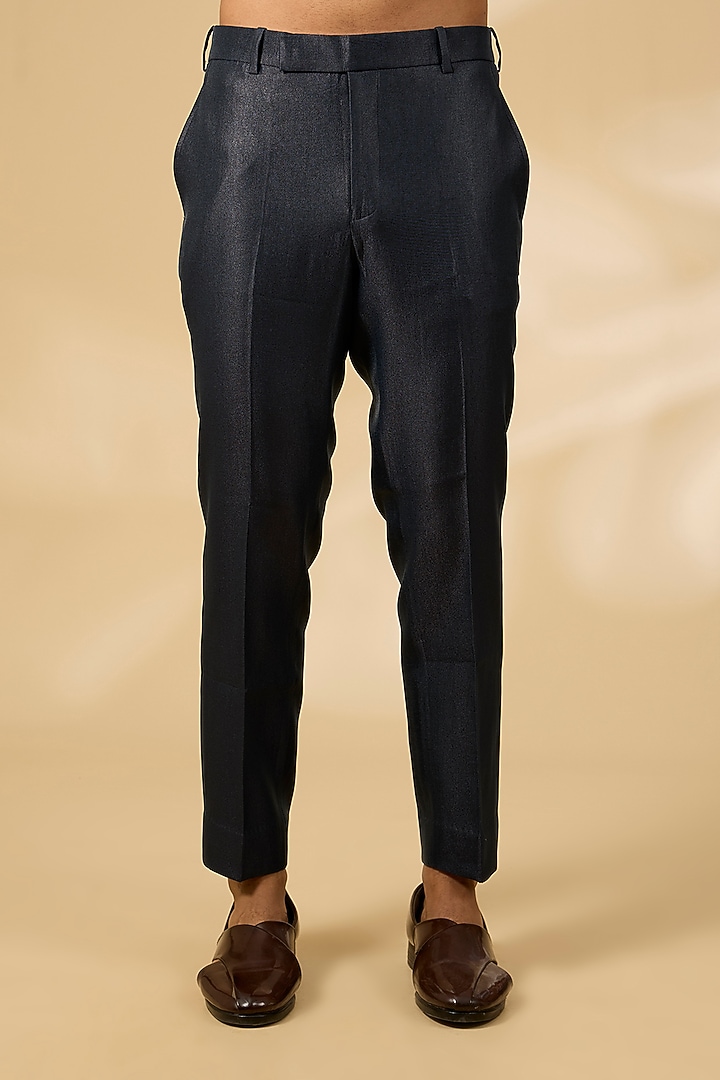 Navy Blue Viscose Suiting Embroidered Groom Indowestern Set by Qbik Men at Pernia's Pop Up Shop