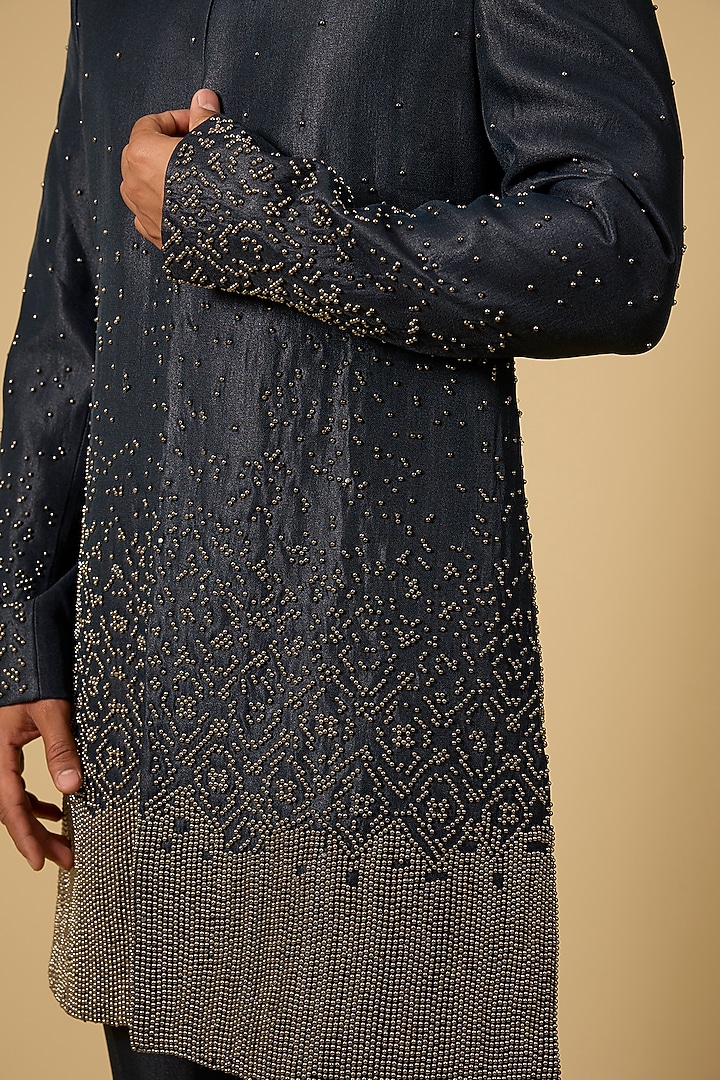Navy Blue Viscose Suiting Embroidered Groom Indowestern Set by Qbik Men at Pernia's Pop Up Shop