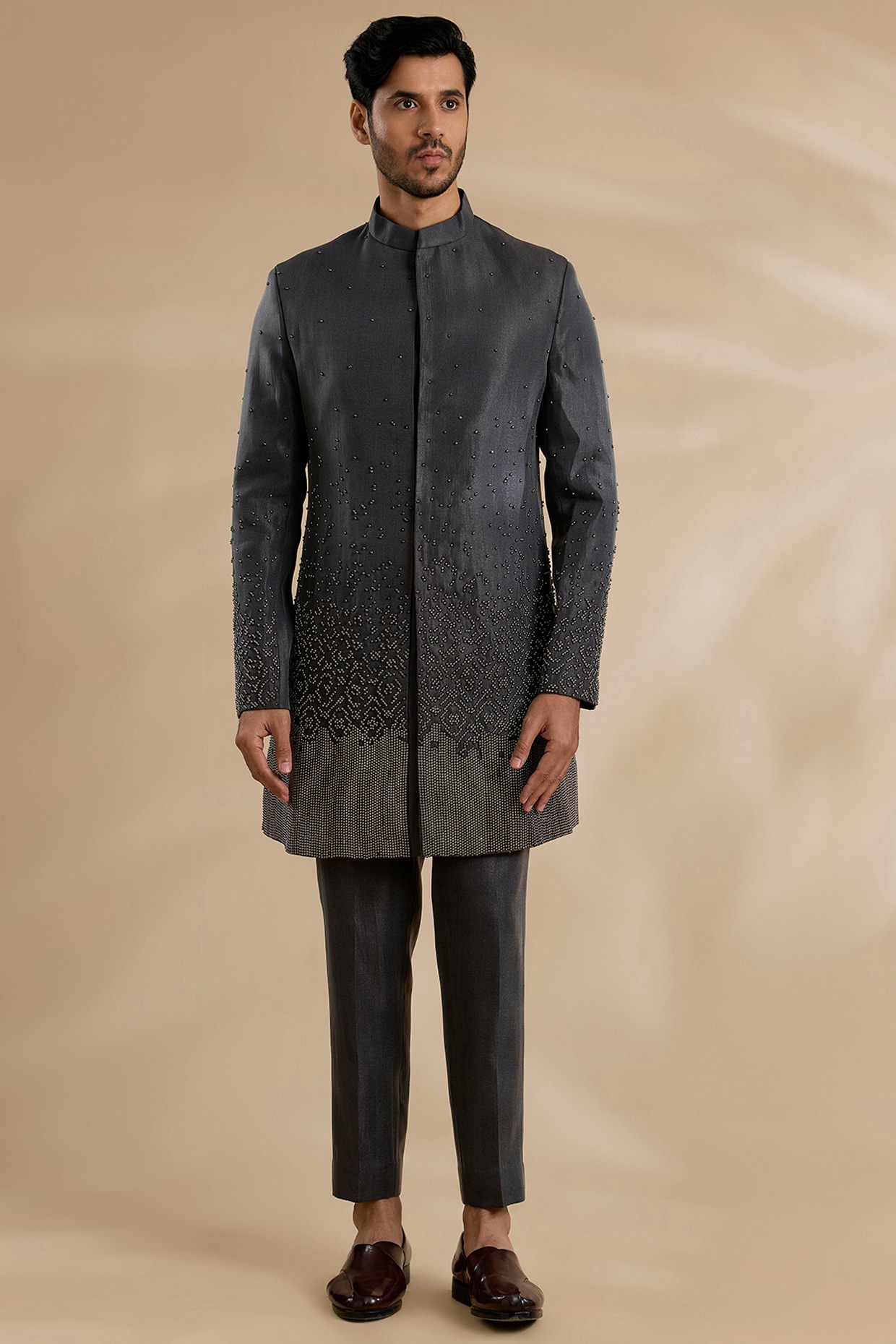 Qbik Charcoal Colored Linen Silk Chanderi Indowestern Set