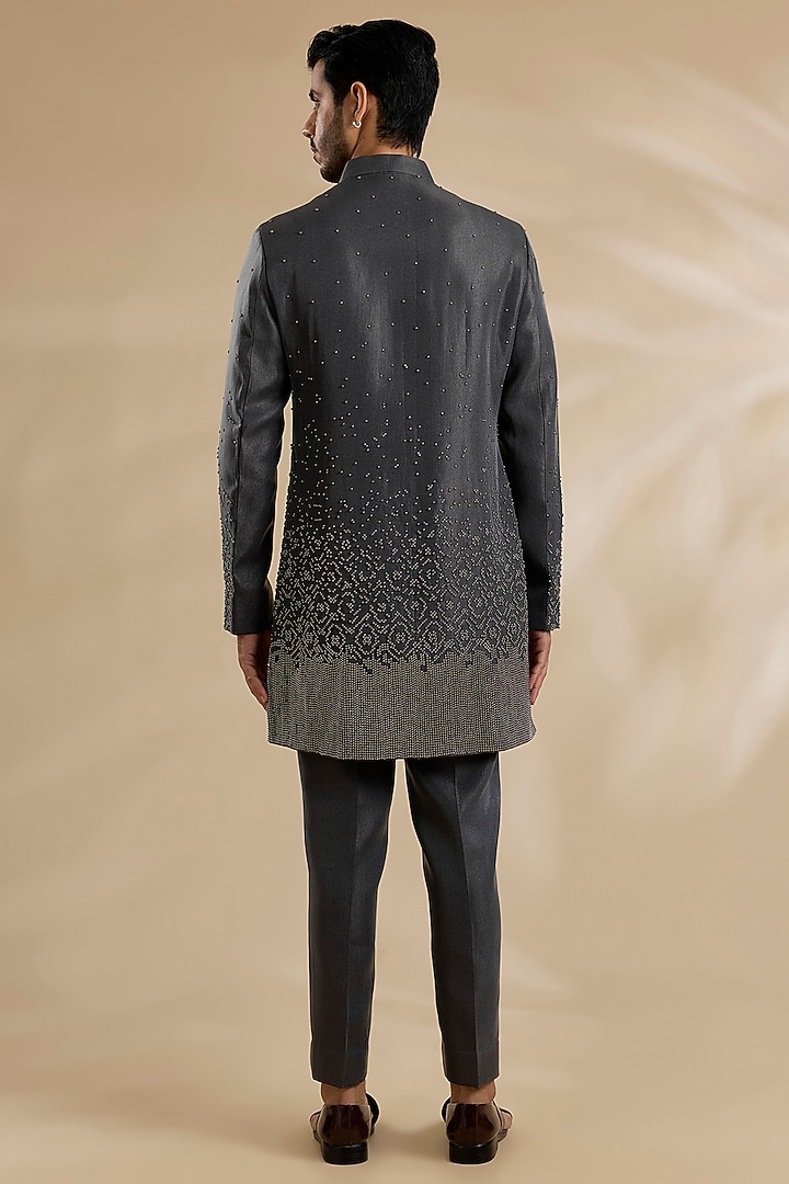 Charcoal Colored Linen Silk Chanderi Groom Indowestern Set by Qbik Men at Pernia's Pop Up Shop
