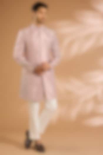 Lavender Linen Silk Chanderi Bead Embroidered Groom Indowestern Set by Qbik Men at Pernia's Pop Up Shop