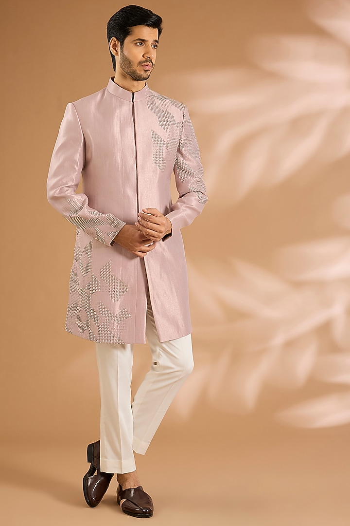 Lavender Linen Silk Chanderi Bead Embroidered Groom Indowestern Set by Qbik Men at Pernia's Pop Up Shop