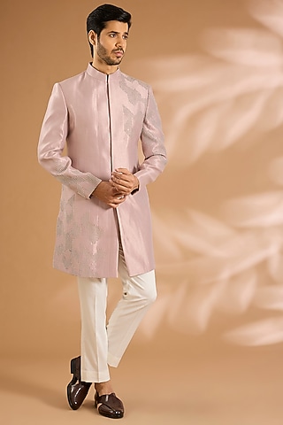 Lavender Linen Silk Chanderi Bead Embroidered Indowestern Set by Qbik Men