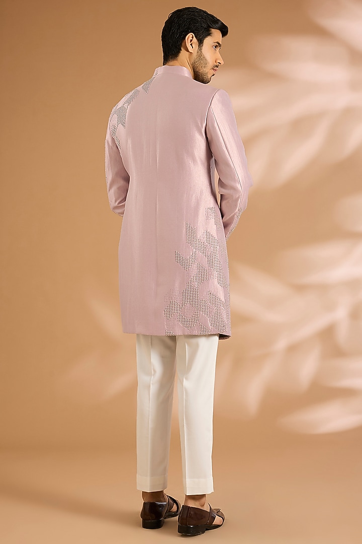 Lavender Linen Silk Chanderi Bead Embroidered Groom Indowestern Set by Qbik Men at Pernia's Pop Up Shop
