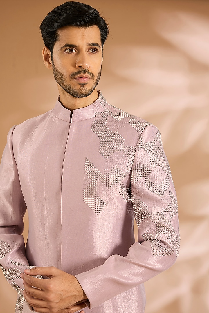 Lavender Linen Silk Chanderi Bead Embroidered Groom Indowestern Set by Qbik Men at Pernia's Pop Up Shop
