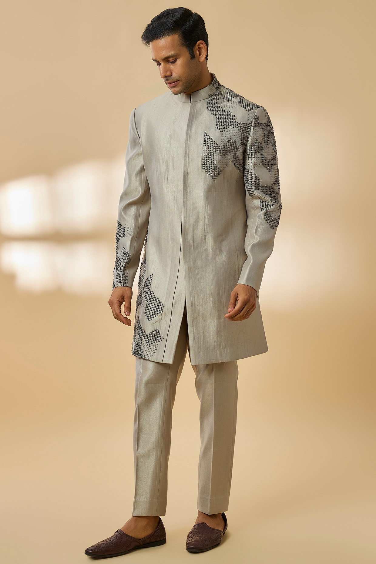 Qbik Light Sage Linen Silk Chanderi Bead Embroidered Indowestern Set