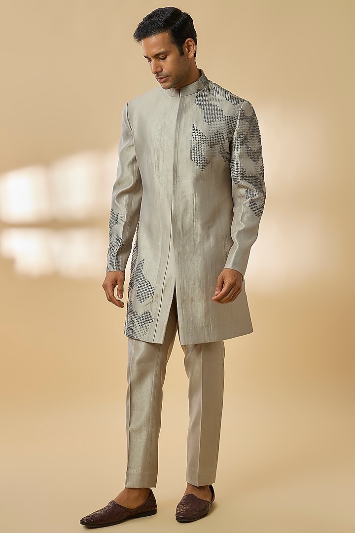 Light Sage Linen Silk Chanderi Bead Embroidered Groom Indowestern Set by Qbik Men at Pernia's Pop Up Shop