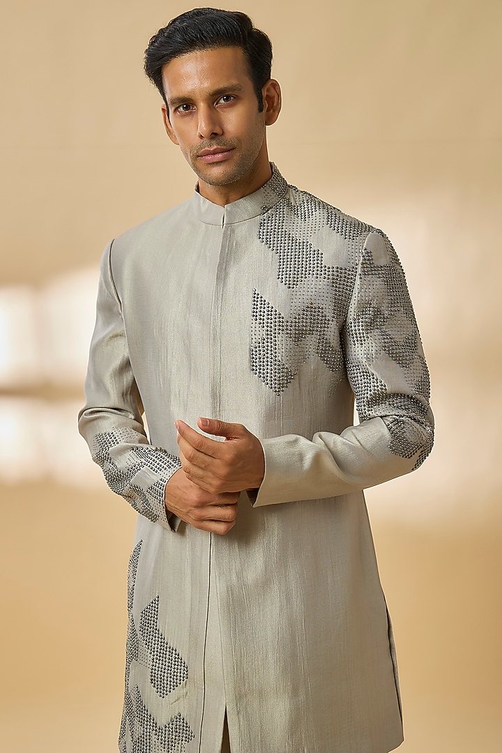 Light Sage Linen Silk Chanderi Bead Embroidered Groom Indowestern Set by Qbik Men at Pernia's Pop Up Shop